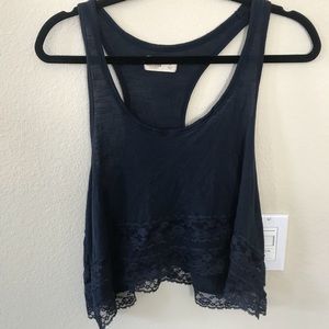 HOLLISTER CROP LACE HEM TANK NAVY BLUE RACERBACK